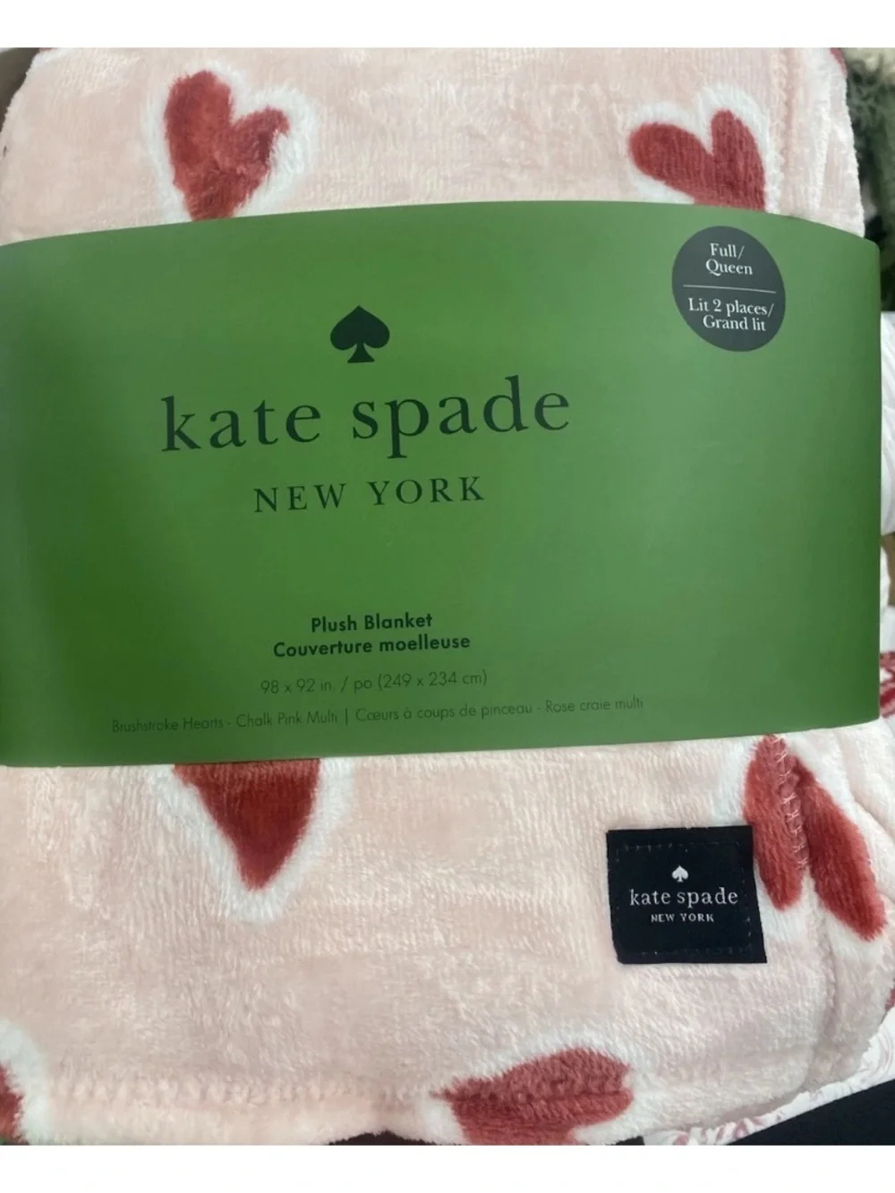 Kate Spade Pink White & Red HEART DESIGN PLUSH BLANKET Size 98”x92”  Full/Queen